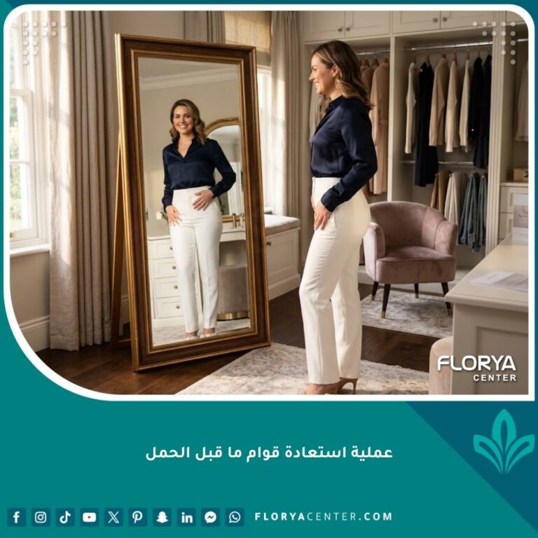أم سعيدة وواثقة تقف أمام المرآة بعد نجاح عملية استعادة قوام ما قبل الحمل والمامي ميك أوفر.