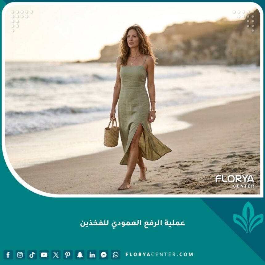 امرأة تتمتع بقوام متناسق وفخذين مشدودين وجميلين كأحد نتائج عملية الرفع العمودي للفخذين الناجحة.