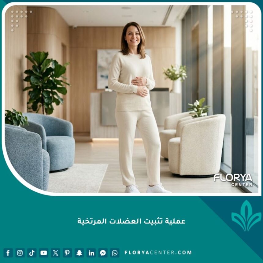 امرأة تتمتع ببطن مشدود ومسطح بعد نجاح عملية تثبيت العضلات المرتخية وإصلاح الانفصال العضلي.