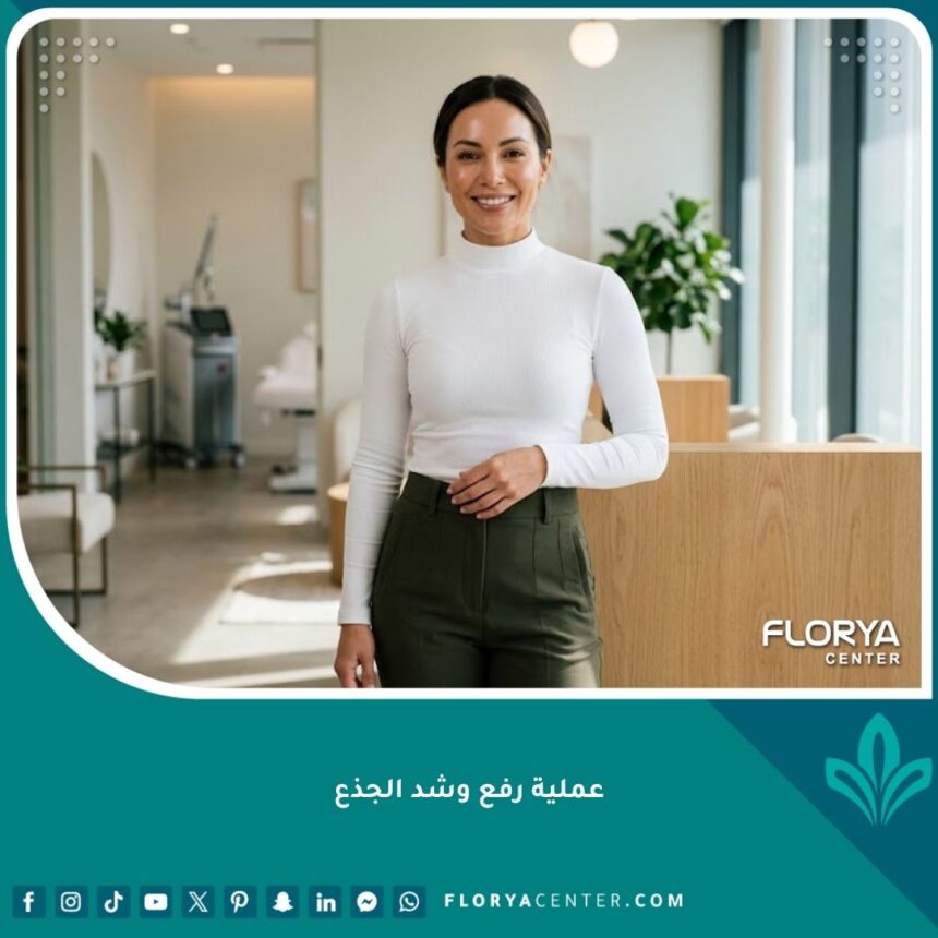 سيدة متألقة بقوام متناسق بعد إجراء عملية رفع وشد الجذع في عيادة تجميل فخمة.