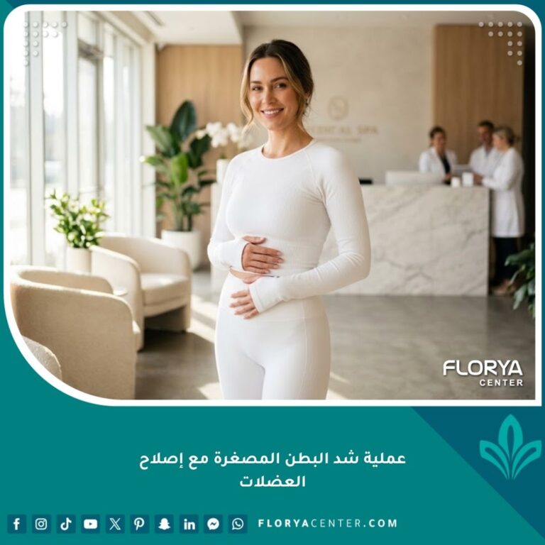 امرأة ذات بطن مسطح ومشدود بعد إجراء عملية شد البطن المصغرة مع إصلاح العضلات في عيادة تجميل فاخرة.