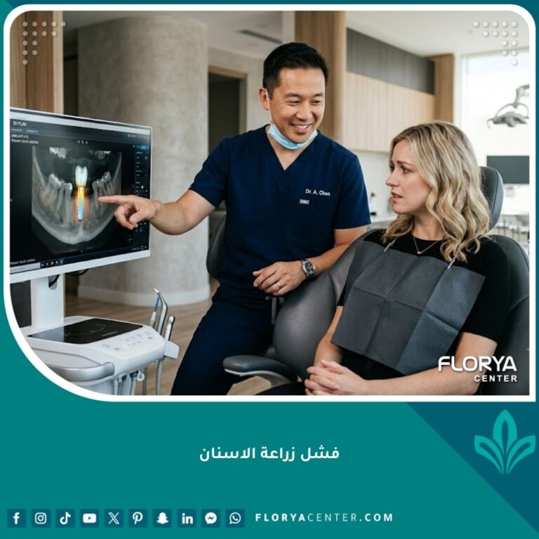 طبيب أسنان متخصص يشرح للمريض أسباب فشل زراعة الأسنان وكيفية تجنب رفض الجسم للزرعة في عيادة حديثة.