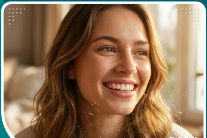 صورة واقعية لابتسامة صحية ومشرقة في ضوء الشمس تعكس أهمية فيتامين د وصحة الاسنان وقوة عظام الفك.