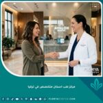 طبيب يرحب بمريض داخل أفضل مركز طب اسنان متخصص في تركيا بتصميم عصري.