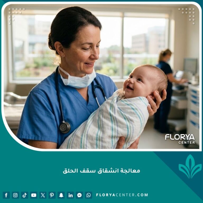 طبيب أطفال مبتسم يحمل طفلاً رضيعاً بعد نجاح عملية معالجة انشقاق سقف الحلق، مما يعكس الأمل والرعاية الطبية الممتازة.