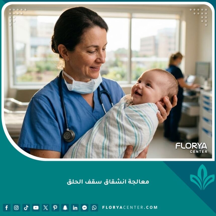 طبيب أطفال مبتسم يحمل طفلاً رضيعاً بعد نجاح عملية معالجة انشقاق سقف الحلق، مما يعكس الأمل والرعاية الطبية الممتازة.