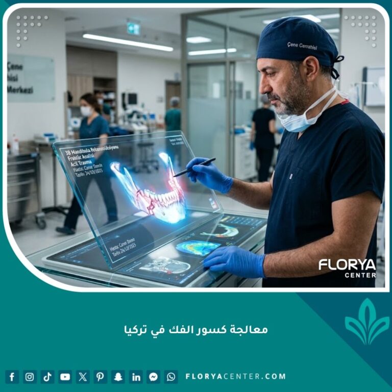 طبيب جراحة الوجه والفكين يعاين أشعة ثلاثية الأبعاد قبل عملية معالجة كسور الفك في تركيا.