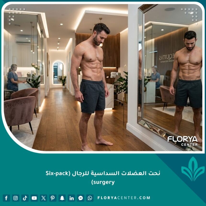 رجل واثق يظهر عضلات بطن سداسية بارزة بعد عملية نحت العضلات السداسية للرجال بالفيزر.