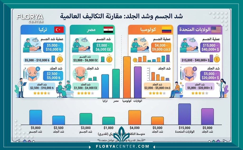 أرخص دولة لإجراء عمليات شد الترهلات 3 مقارنة أسعار عمليات شد الترهلات بين تركيا ومصر وكولومبيا وأمريكا