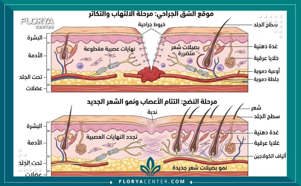 رسم طبي توضيحي يشرح التئام الأعصاب ونمو الشعر كأهم أسباب الحكة حول جرح شد البطن.