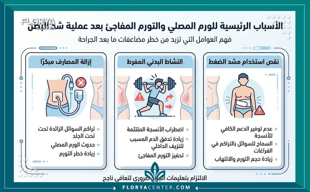 إنفوجرافيك يشرح أسباب الانتفاخ المفاجئ بعد سحب الدرنقة وتجمع السيروما.