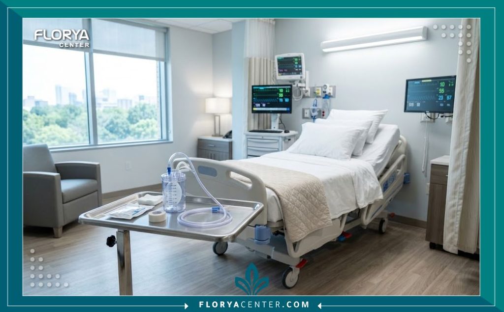 غرفة إفاقة مجهزة لمتابعة مرضى شد البطن والتعامل مع الدرنقة لمنع تجمع السوائل.