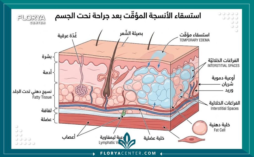 رسم توضيحي طبي مفصل يشرح تراكم السوائل تحت الجلد كأحد أهم أسباب تورم الجسم بعد عمليات الشد.