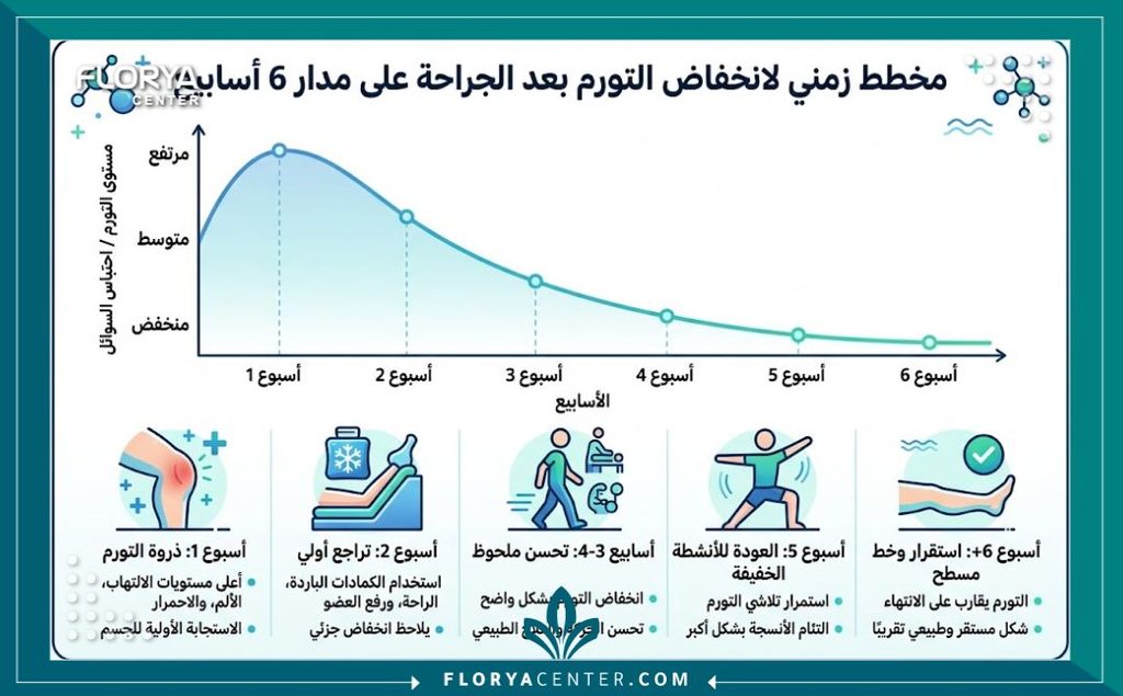 إنفوجرافيك يوضح الجدول الزمني لزوال الانتفاخ الوهمي وتفسير أسباب تورم الجسم بعد عمليات الشد تدريجياً.