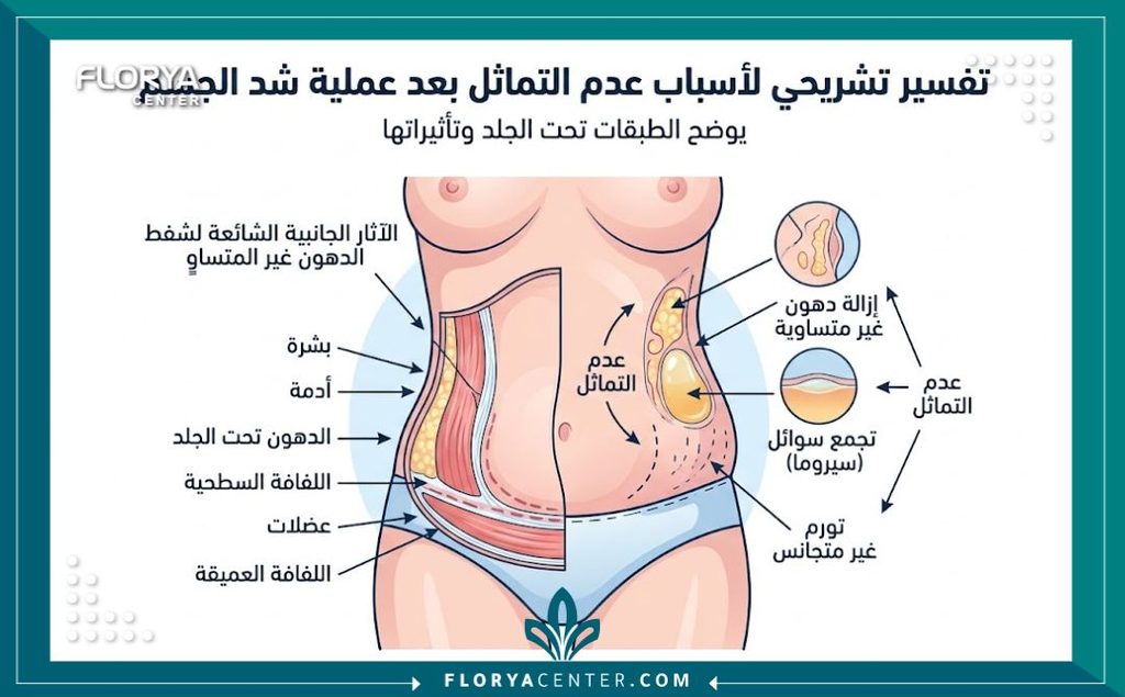 أسباب عدم تناسق الجسم بعد الشد الجراحي 2 رسم توضيحي طبي يوضح أسباب عدم تناسق الجسم بعد الشد الجراحي وأماكن تراكم السوائل والتورم.