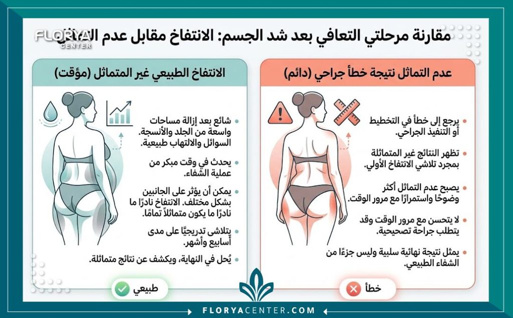 أسباب عدم تناسق الجسم بعد الشد الجراحي 3 إنفوجرافيك يقارن بين التورم الطبيعي المؤقت والخطأ الطبي كأسباب لعدم التناظر بعد شد الجسم.