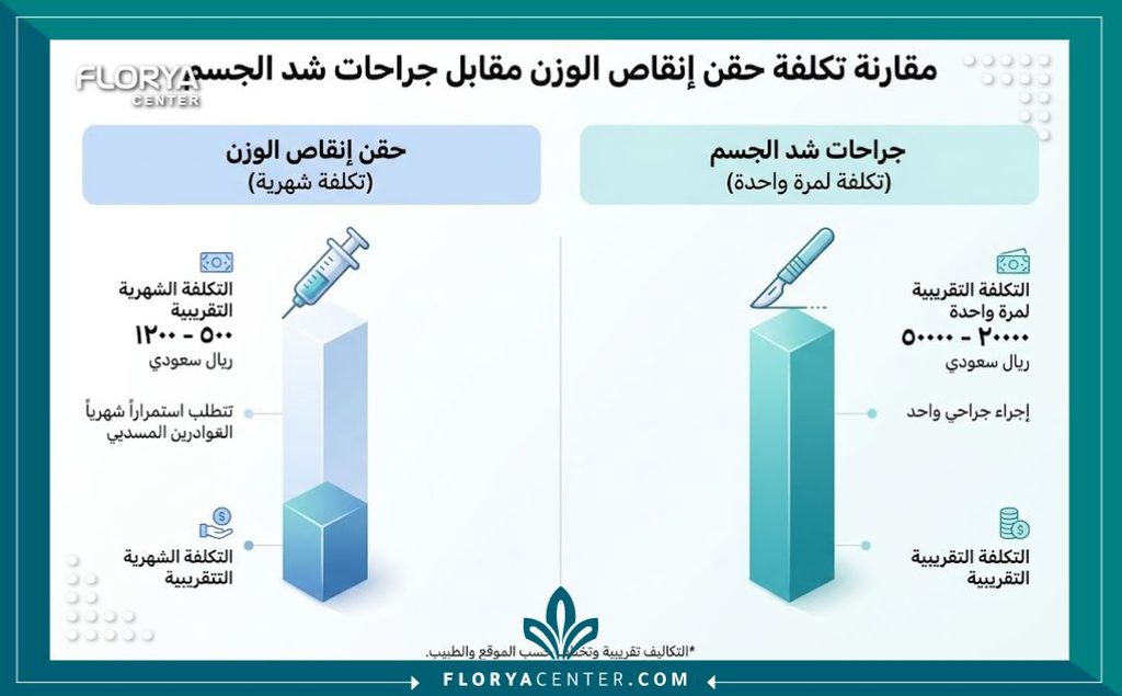 إنفوجرافيك يوضح مقارنة أسعار إبر المنجارو وتأثيرها وتكاليف عمليات شد الجسم جراحياً بعد التخسيس.