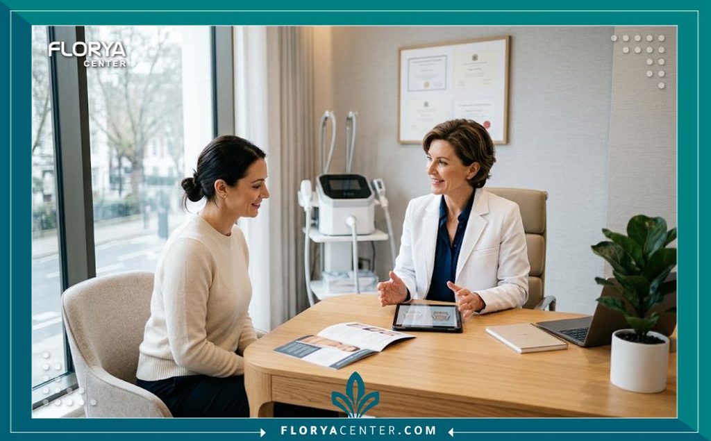 طبيب في عيادة تجميل راقية يشرح للمريض خطة شد الترهلات وتنسيق القوام بعد النزول الكبير في الوزن.