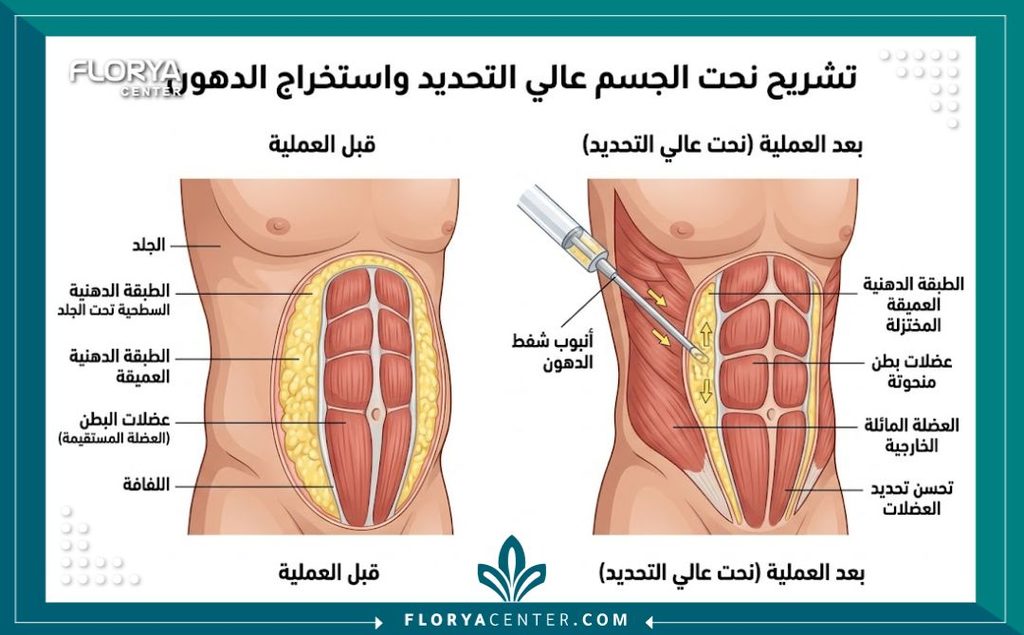رسم تخطيطي توضيحي لتقنيات نحت طبقات الدهون وتجميل القوام الحديثة بدون تشوهات.