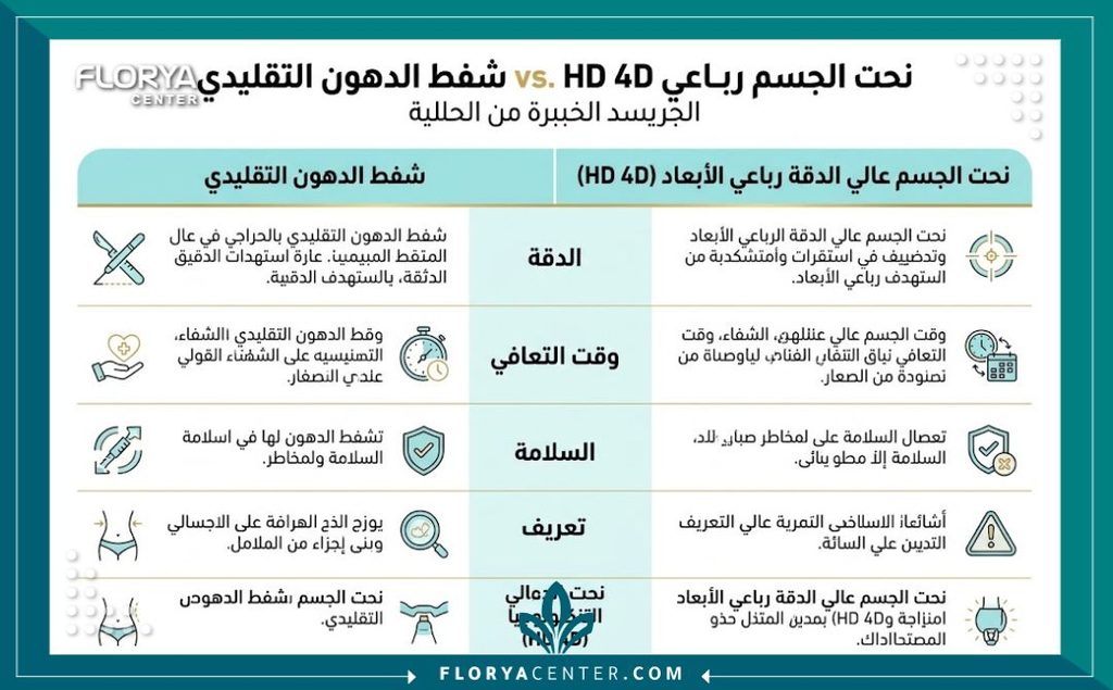 انفوجرافيك يوضح الفرق بين نحت القوام الحديث والشفط التقليدي مع كبار جراحي التجميل.