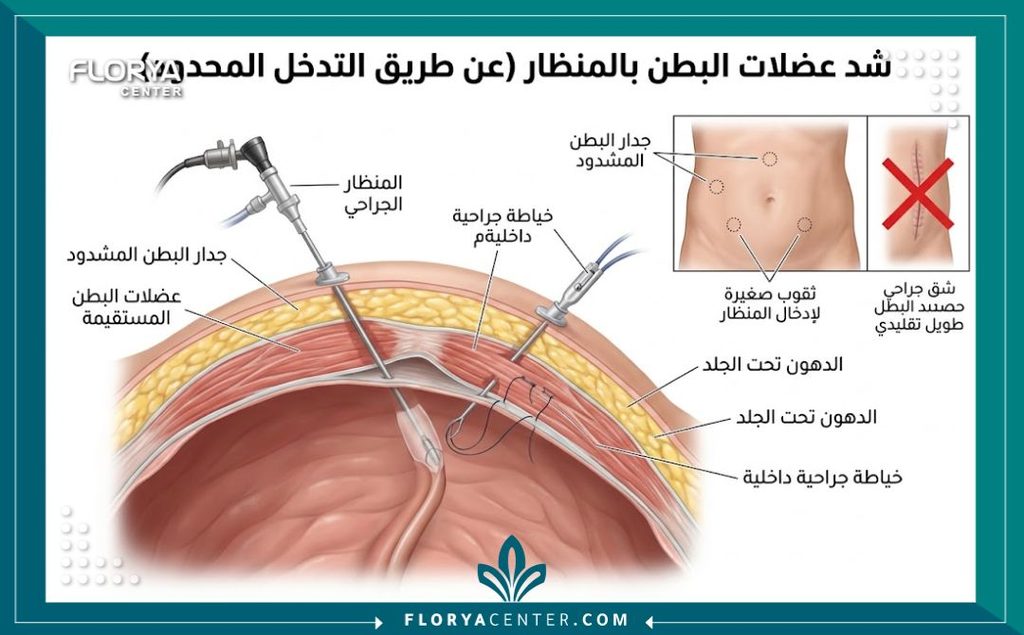 رسم توضيحي طبي يبين آلية زم العضلات وعلاج الترهل الشديد بالمنظار بدون جرح طويل.
