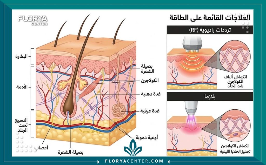 أفضل تقنية حديثة لشد الترهلات لعام 2024 2 رسم تخطيطي طبي يوضح آلية تحفيز الكولاجين وشد الطبقات العميقة للجلد بالتقنيات الحديثة