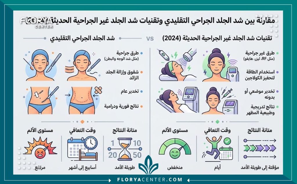 أفضل تقنية حديثة لشد الترهلات لعام 2024 3 إنفوجرافيك مقارنة بين التقنيات الحديثة لشد الترهلات والجراحة التقليدية من حيث الألم وفترة التعافي