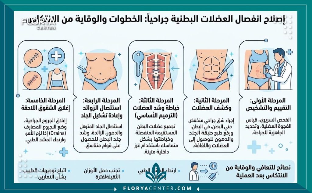 إنفوجرافيك يوضح خطوات التدخل الجراحي التجميلي لإصلاح الانفصال العضلي ومنع عودة بروز البطن.