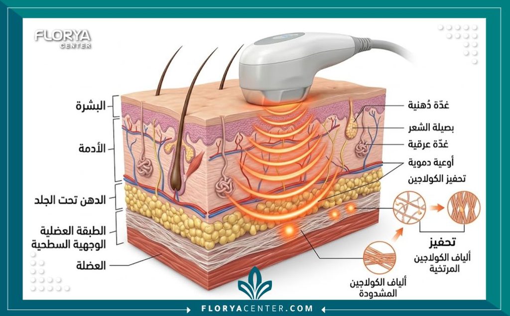 رسم توضيحي طبي لطبقات الجلد يوضح كيفية عمل أجهزة شد الترهلات واستهداف طبقة SMAS لتحفيز الكولاجين.