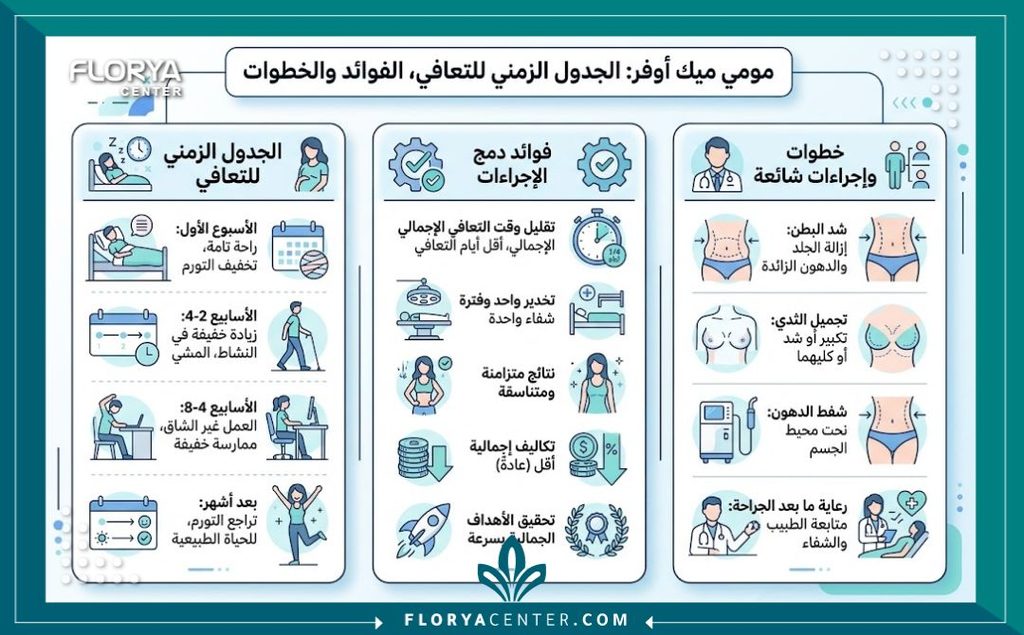 أفضل دكتور لعمليات تجميل ما بعد الأمومة 3 إنفوجرافيك يوضح مراحل التعافي ومميزات إجراء تجميل ما بعد الأمومة في تركيا