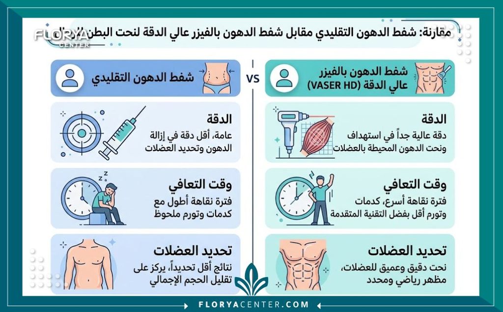 إنفوجرافيك يقارن بين شفط الدهون التقليدي وتقنية الفيزر عالي التحديد مع أفضل دكتور لنحت العضلات السداسية للرجال