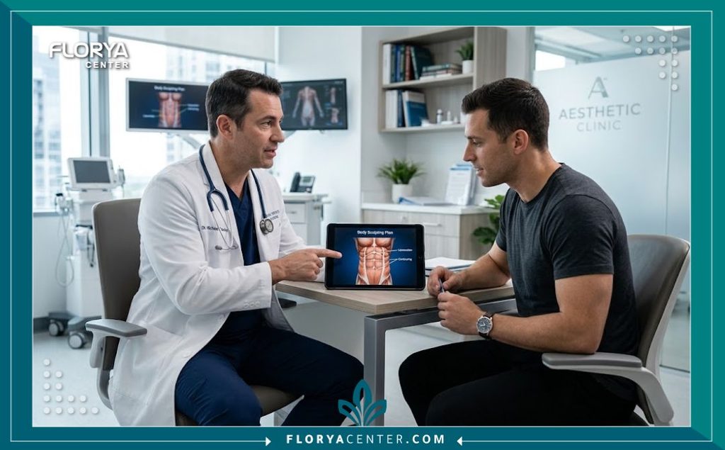 أفضل دكتور لنحت العضلات السداسية للرجال أثناء استشارة طبية داخل مستشفى تجميل حديث.