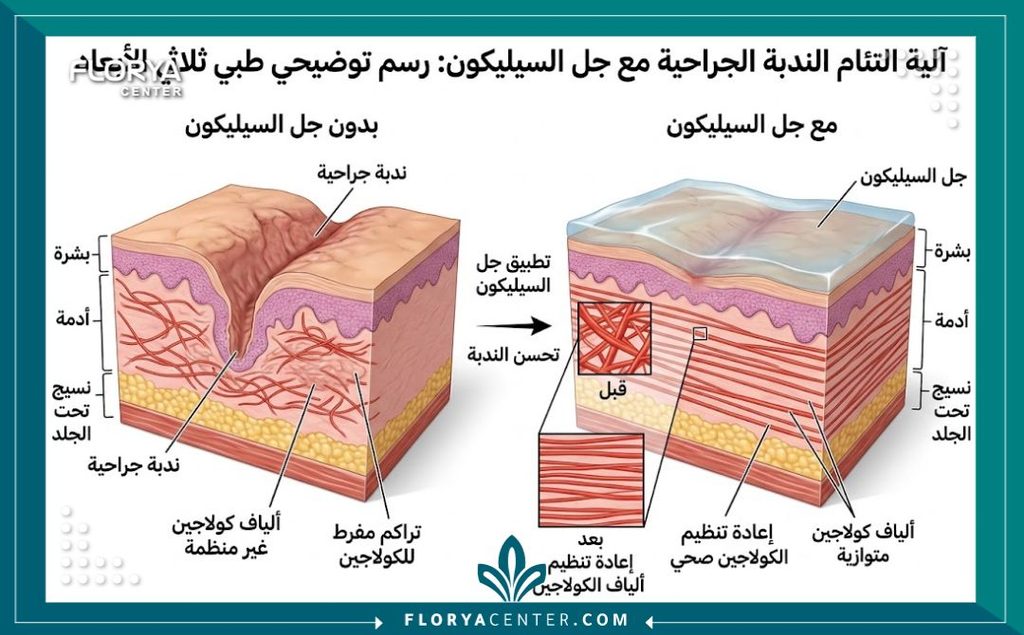 رسم توضيحي طبي يوضح آلية عمل جل السيليكون في تسطيح وتجميل ندبات الشد.
