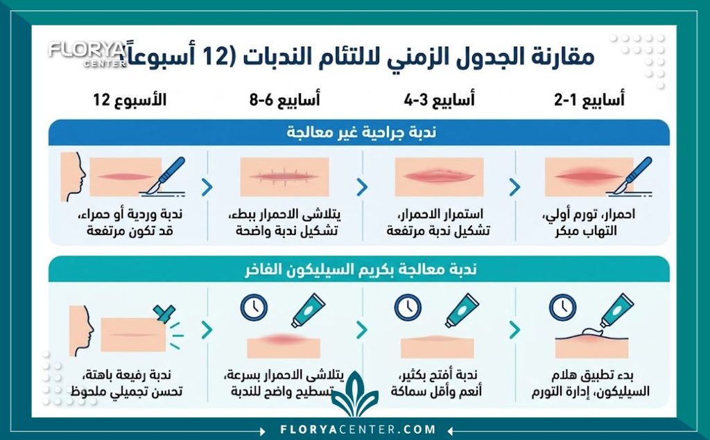 إنفوجرافيك يوضح مراحل علاج آثار الجروح والندبات باستخدام كريمات السيليكون الطبية مثل سكار أوي وديرماتكس.