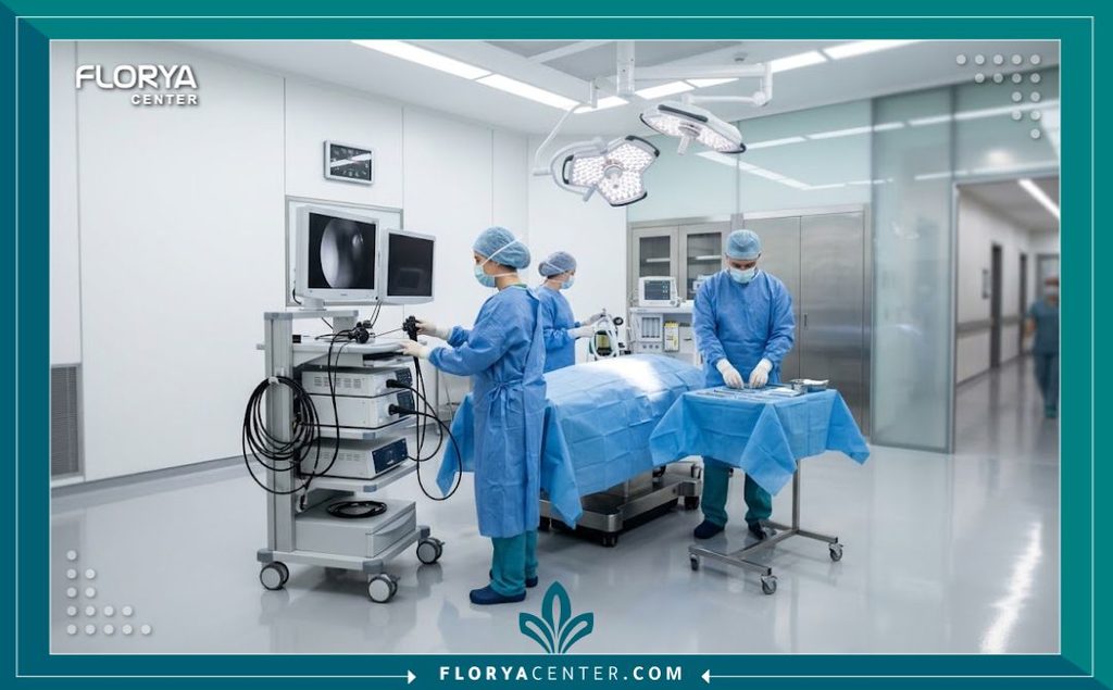 غرفة عمليات معقمة ومجهزة بأحدث التقنيات في أفضل المستشفيات المعتمدة لعمليات التجميل بإسطنبول.