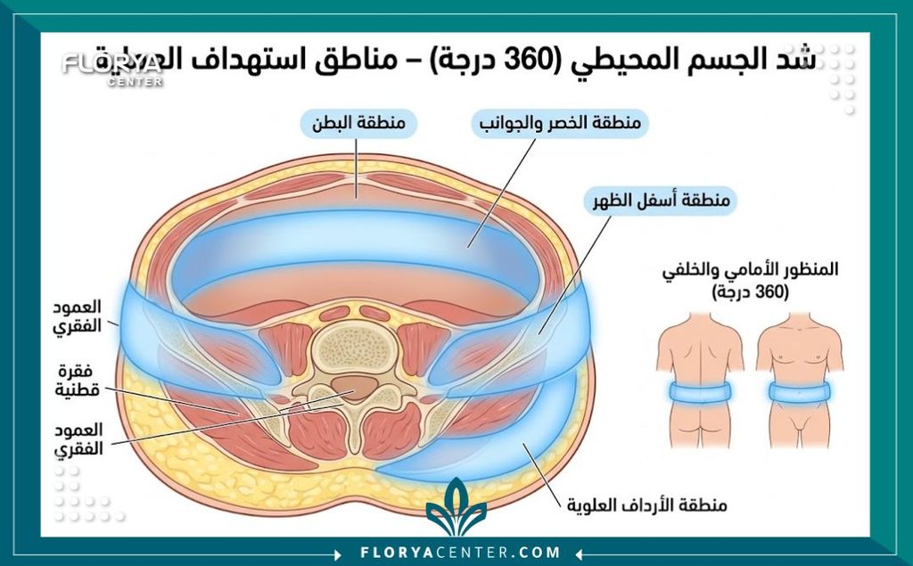 رسم توضيحي دقيق يوضح المناطق المستهدفة في عملية شد الجسم الحزامي 360 درجة