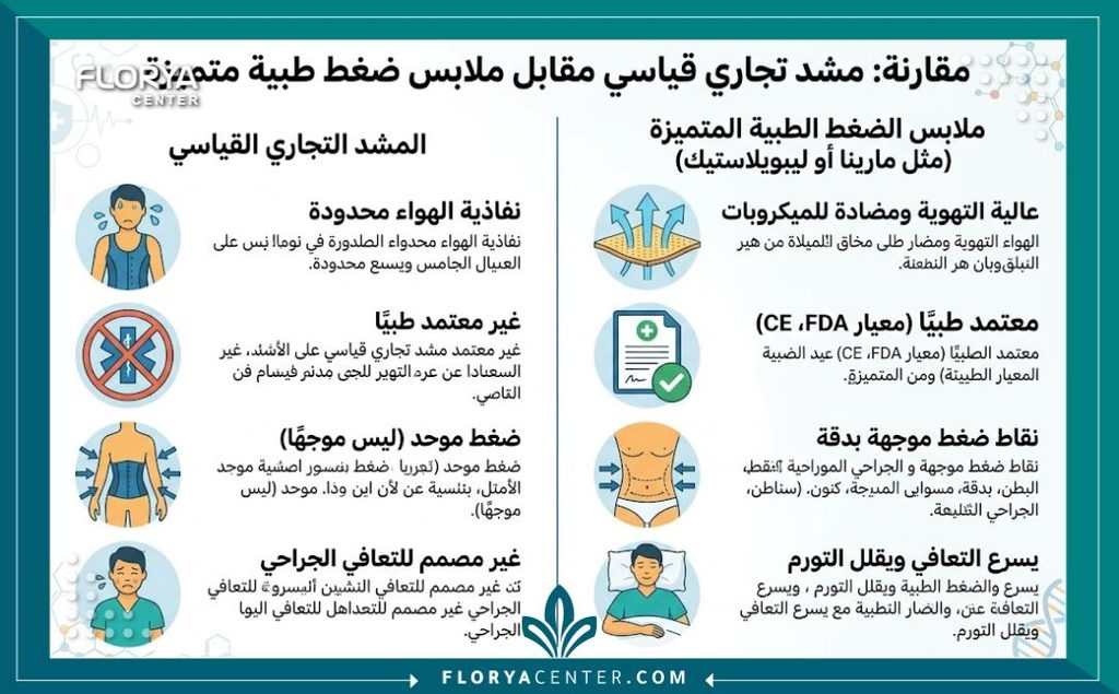 إنفوجرافيك يوضح الفرق بين الكورسيه التجاري العادي وأفضل مشد طبي أصلي ما بعد عمليات التجميل.