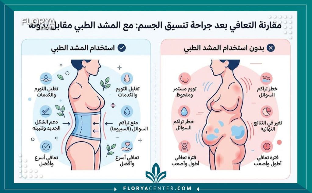 أهمية ارتداء المشد الطبي بعد عمليات النحت 3 إنفوجرافيك يقارن بين التعافي مع وبدون ارتداء الكورسيه الطبي بعد عمليات نحت الجسم مبرزاً دوره في منع التورم.