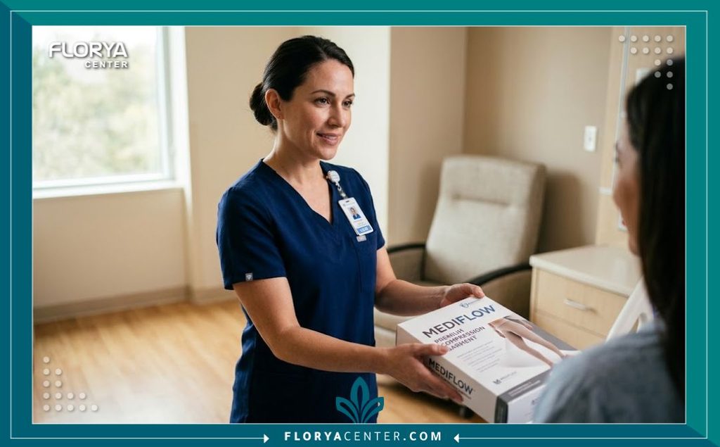 أين تباع مشدات ما بعد عمليات التجميل 4 ممرضة تقدم مشد ما بعد عمليات التجميل الطبي للمريضة في مستشفى تجميل متطور.