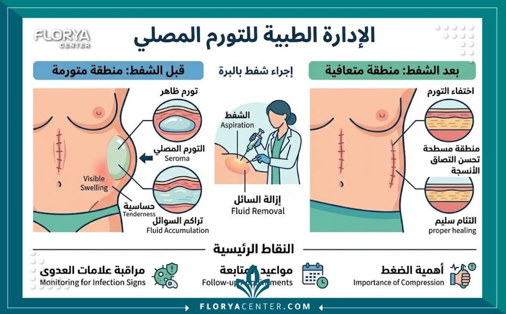 إدارة السيروما طبياً بالبزل المستمر (Seroma Aspiration) 3 إنفوجرافيك يقارن بين التورم قبل سحب السيروما والنتيجة بعد التخلص من السوائل وتقليل الضغط.