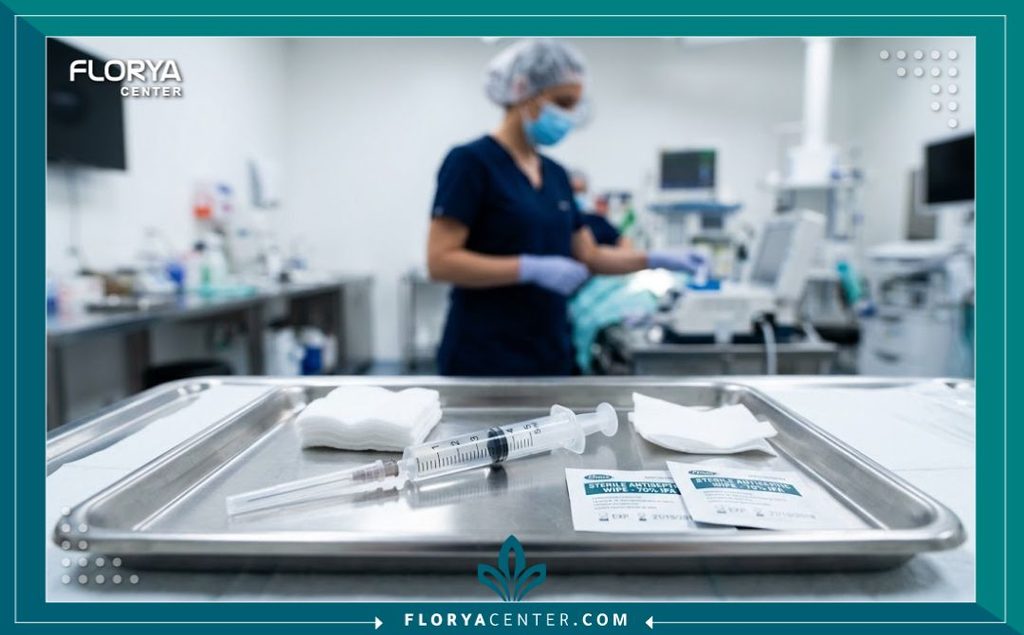 إدارة السيروما طبياً بالبزل المستمر (Seroma Aspiration) 4 أدوات طبية معقمة وسرنجة جاهزة لجلسة سحب السوائل المتجمعة بعد إزالة الدرنقة في العيادة.