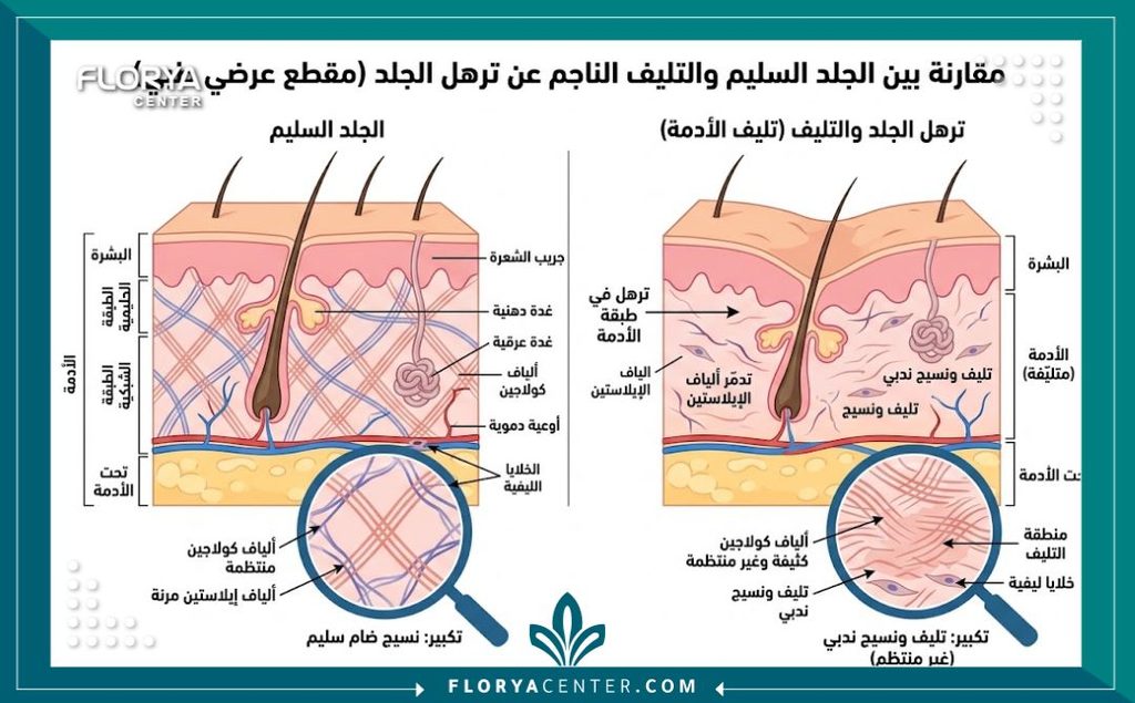 رسم توضيحي طبي لطبقات الجلد يوضح الفرق بين الأنسجة السليمة ومناطق التليف الجلدي والنسيج الندبي.