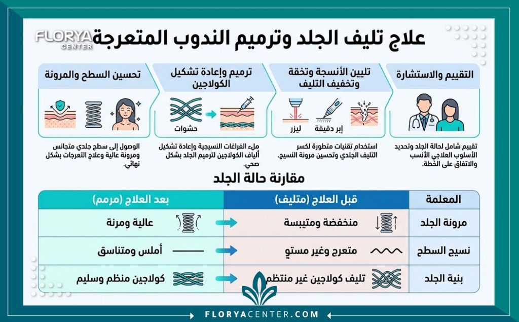 إنفوجرافيك يوضح طرق علاج التليف الجلدي وخطوات التخلص من النسيج الندبي المتعرج بأحدث التقنيات.