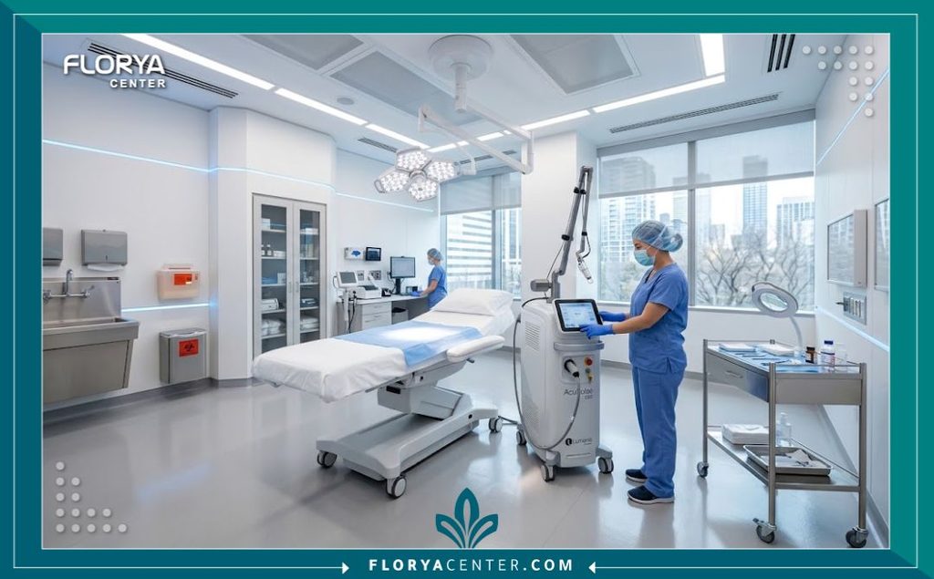 غرفة عمليات حديثة ومجهزة بأحدث أجهزة الليزر في عيادة تجميل متخصصة في إزالة تليف الجلد.