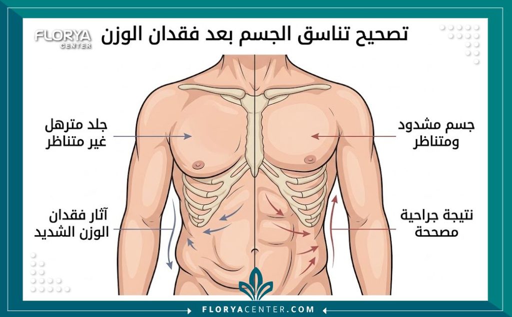 رسم توضيحي طبي يوضح مناطق الترهل غير المتساوي وكيفية إصلاح عدم التماثل الجسدي جراحياً بعد فقدان الوزن.