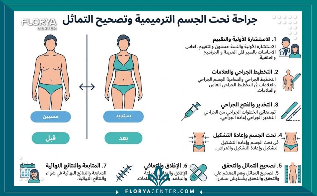 إنفوجرافيك يشرح خطوات تصحيح عدم تماثل الجسم وعلاج الترهلات غير المتساوية بعد عمليات الشفط والتخسيس.