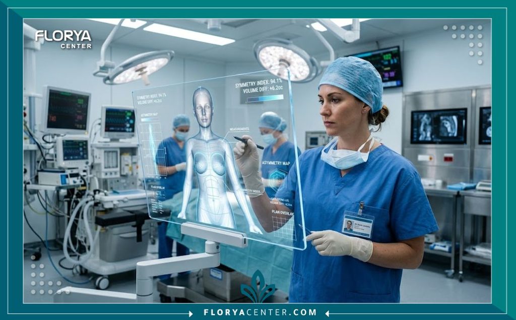  جراح تجميل متخصص يقوم بتقييم وإصلاح عدم التماثل الجسدي داخل غرفة عمليات حديثة ومجهزة بأحدث التقنيات.