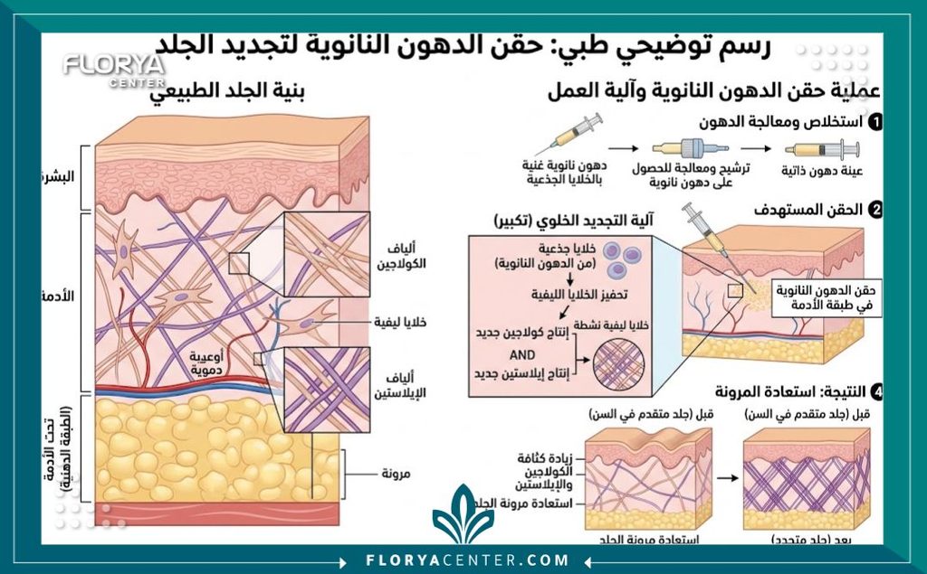 رسم توضيحي طبي لطبقات الجلد يوضح آلية عمل ابر النانو فات للترهلات وتجديد الكولاجين بواسطة الخلايا الجذعية.