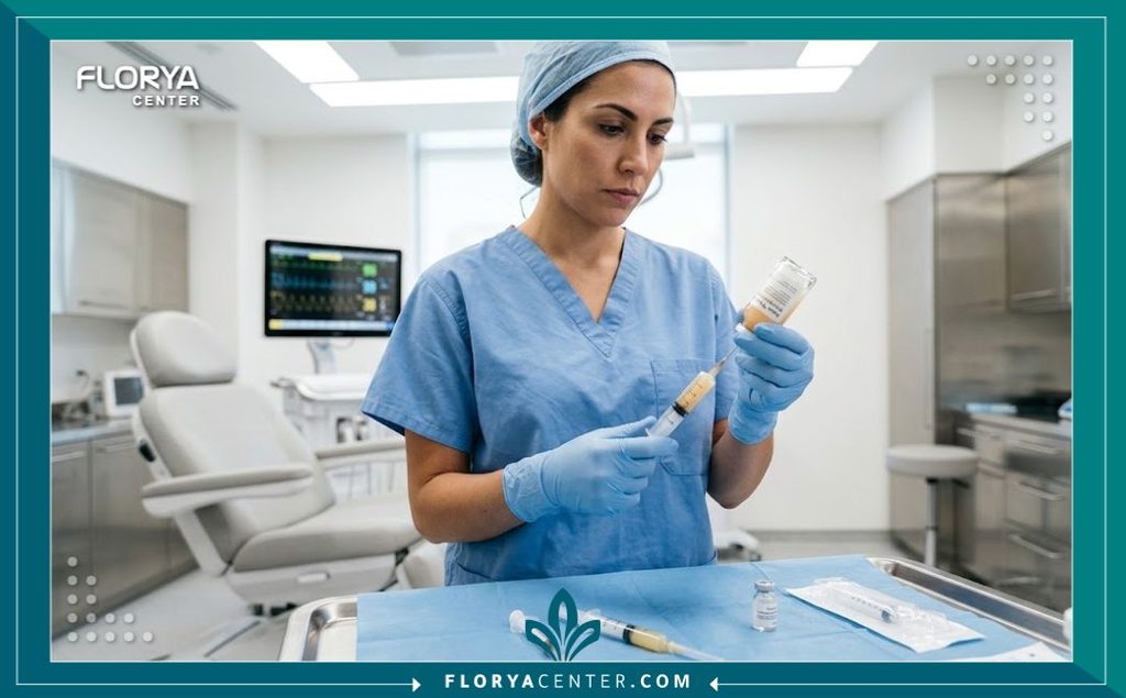 طبيب تجميل متخصص يقوم بتجهيز ابر النانو فات داخل غرفة عمليات حديثة ومعقمة بأعلى المعايير الطبية.