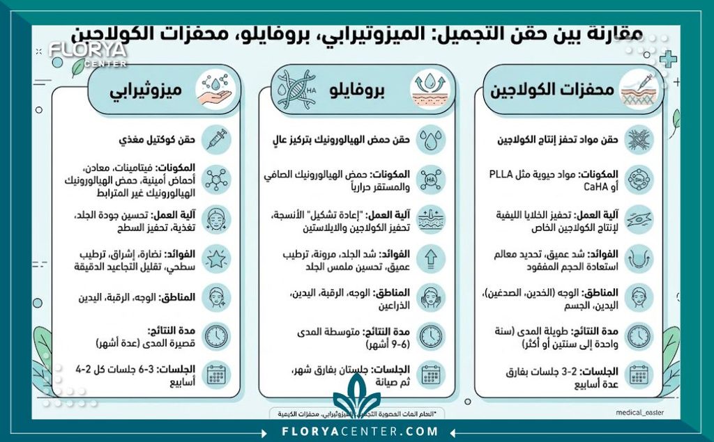 ابر شد الترهلات 3 إنفوجرافيك يقارن بين أنواع ابر شد الترهلات مثل الميزوثيرابي والبروفايلو وفوائد كل منها.